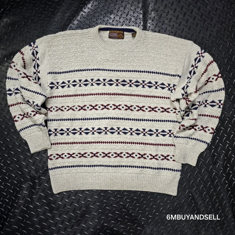 Authentic‎ Issue 90 Vintage Mens Large Cotton Knit Fair Isle Sweater Made in USA